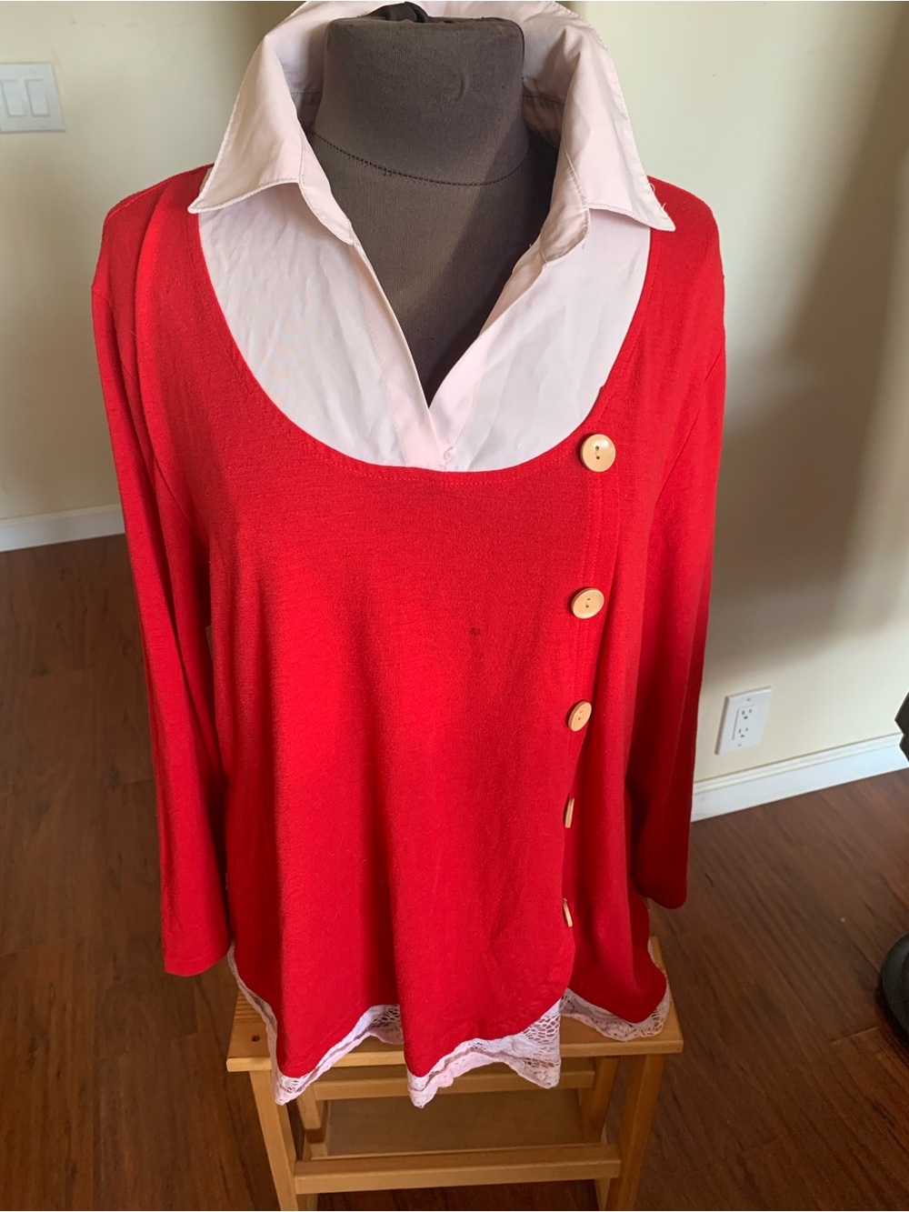 Red Layered-Look Women's 1X Top with Button Detail
